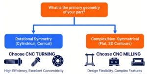 Flowchart for choosing between CNC milling and turning based on part geometry, showing rotational parts lead to turning and complex shapes lead to milling.