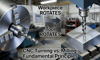 Diagram comparing CNC Turning and Milling processes. Left: Workpiece rotates as a stationary tool cuts. Right: Cutting tool rotates over a stationary workpiece.