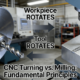 Diagram comparing CNC Turning and Milling processes. Left: Workpiece rotates as a stationary tool cuts. Right: Cutting tool rotates over a stationary workpiece.