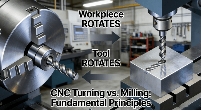 Diagram comparing CNC Turning and Milling processes. Left: Workpiece rotates as a stationary tool cuts. Right: Cutting tool rotates over a stationary workpiece.