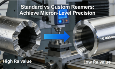 Comparison of hole quality achieved by standard reamers (rough surface) versus custom reamers (smooth finish) in CNC machining, highlighting micron-level accuracy.