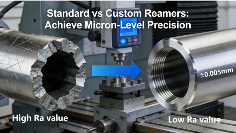 Comparison of hole quality achieved by standard reamers (rough surface) versus custom reamers (smooth finish) in CNC machining, highlighting micron-level accuracy.