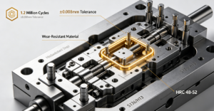 Detailed exploded view of a modular multi-cavity injection mold highlighting replaceable inserts, precision guides, and wear-resistant materials for long-term stability.