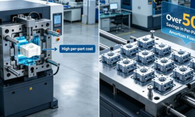 3D rendering comparing a single-cavity mold (high per-part cost) with a multi-cavity mold (over 50% cost savings) in an industrial setting.