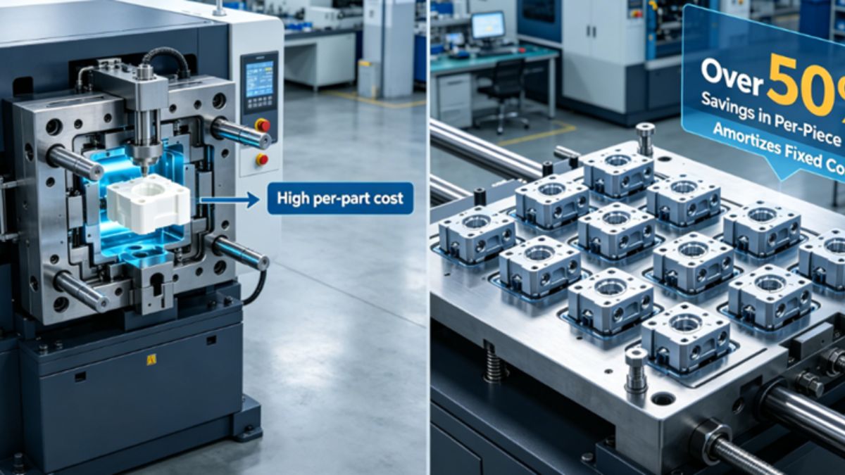 3D rendering comparing a single-cavity mold (high per-part cost) with a multi-cavity mold (over 50% cost savings) in an industrial setting.