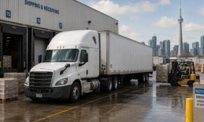 Commercial truck at a Toronto freight terminal preparing for cross-border transport