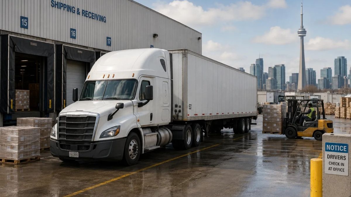 Commercial truck at a Toronto freight terminal preparing for cross-border transport