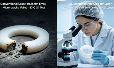Comparison of conventional laser cut PEEK washer with burnt edges versus LS Manufacturing cold UV laser cut washer with smooth edges, inspected by female engineer.