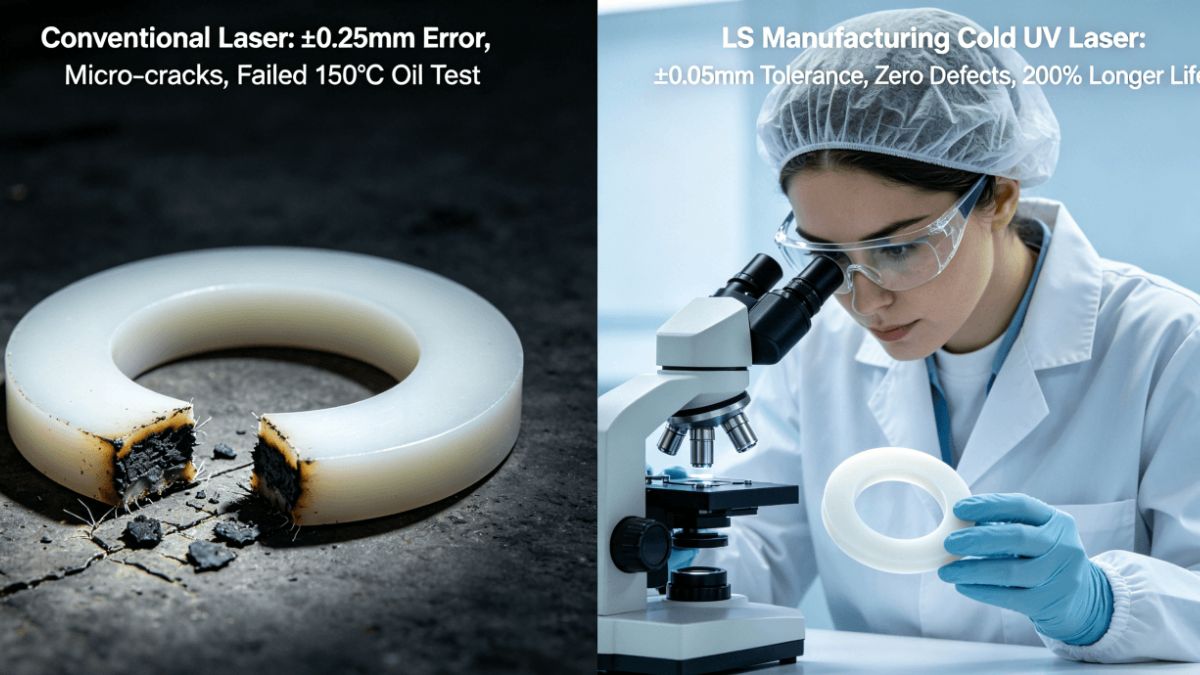 Comparison of conventional laser cut PEEK washer with burnt edges versus LS Manufacturing cold UV laser cut washer with smooth edges, inspected by female engineer.