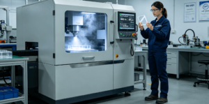 Female engineer inspecting transparent PMMA part after precision laser cutting, with real-time control display showing feedback frequency and oxygen level.